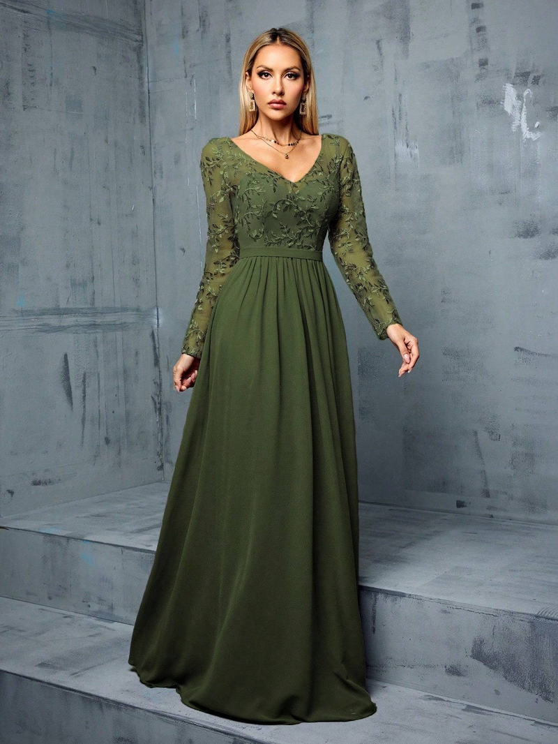 Elegantes Chiffon-Abendkleid mit V-Ausschnitt und langen Ärmeln für Damen – Fließendes Maxikleid für Partys, Bankette und den Alltag_voghion.com
