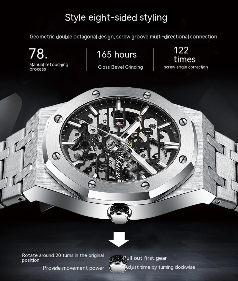 2023 C Luo Same Style Octagonal Steel Watch Men's Automatic Mechanical Watch Hollow Out Swiss Movement Watch Men_voghion.com