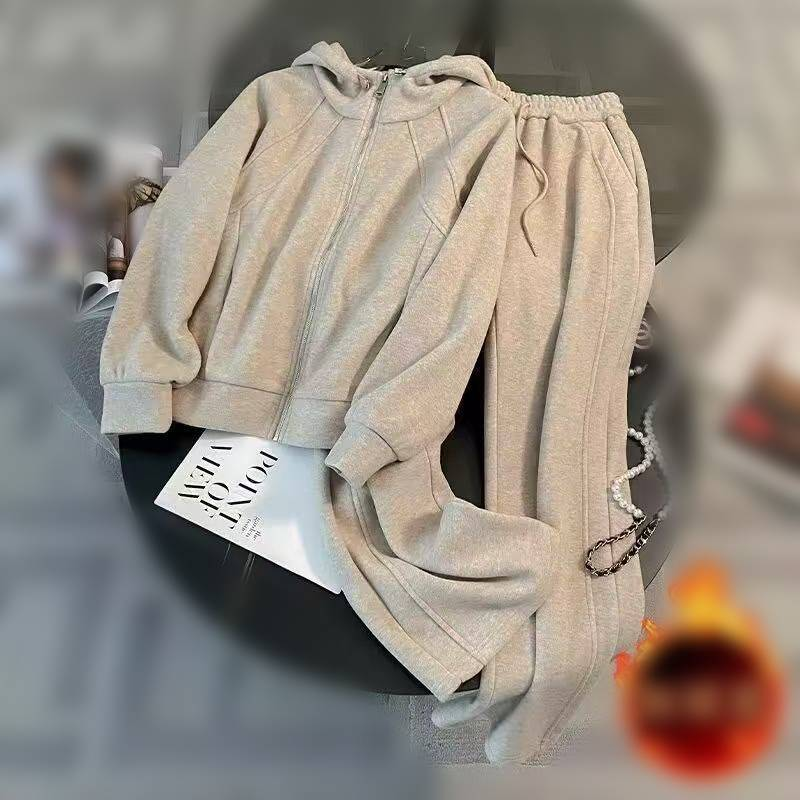 Ropa de mujer Traje deportivo casual de moda color albaricoque Otoño e invierno Chaqueta corta antienvejecimiento Pantalones de pierna ancha Traje de dos piezas_voghion.com