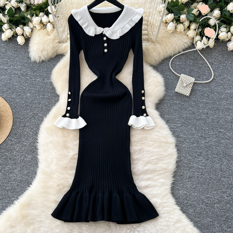 Robe rétro à col Claudine et blocs de couleurs – Robe trapèze taille haute extensible avec ourlet à volants (taille unique, taille élastique, manches longues)_voghion.com