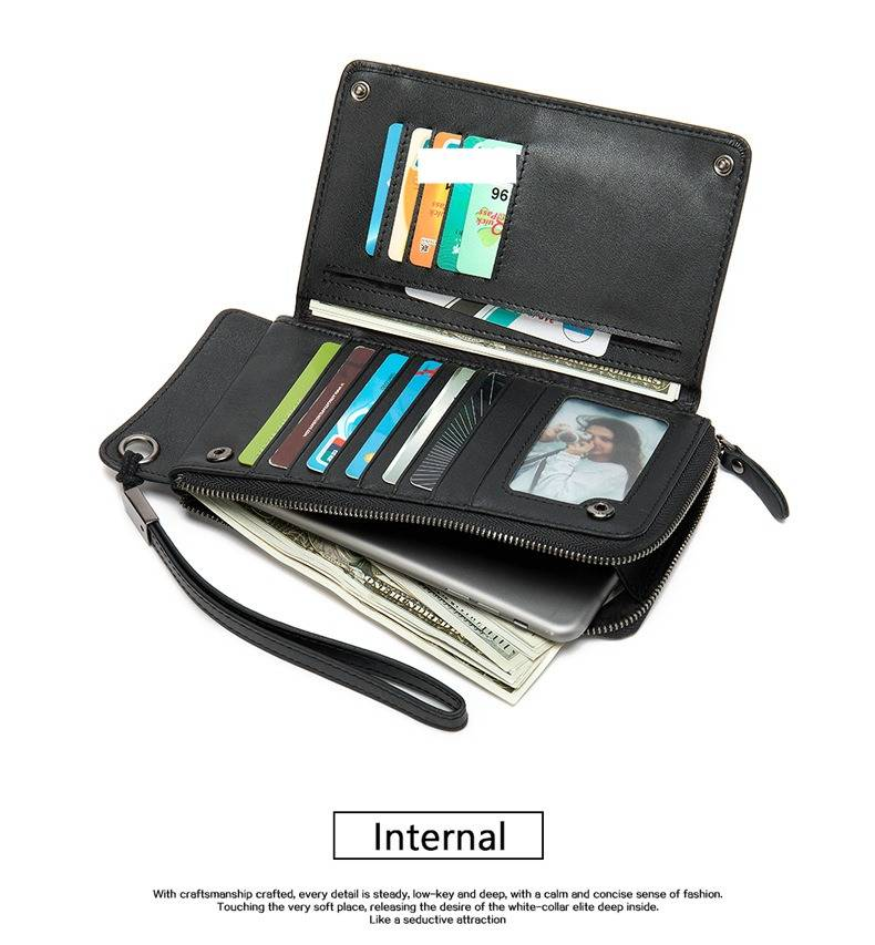 Men's Genuine Leather Long Wallet With Wrist Strap – Large Capacity Multi-Card Holder Slim Phone Case, Premium Cowhide, Minimalist Design_voghion.com