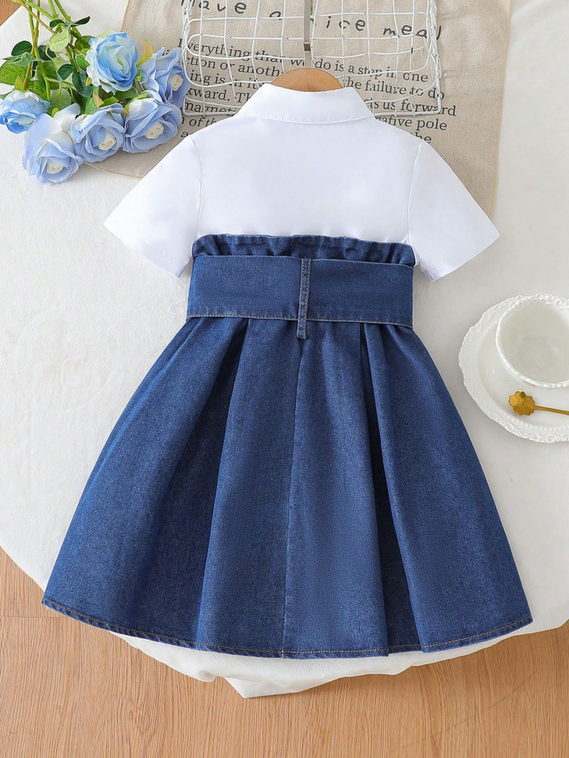 Stylish Denim Patchwork Dress For Girls - Cotton Blend A-Line Dress With Style, Perfect For Spring, Summer & Fall (Sizes 4Y-7Y, 100-130cm)_voghion.com