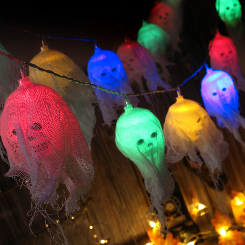 Luci a LED a forma di teschio fantasma per Halloween - Luci decorative a batteria da 2,5 m con tessuto trasparente per decorazioni per feste al chiuso e all'aperto_voghion.com