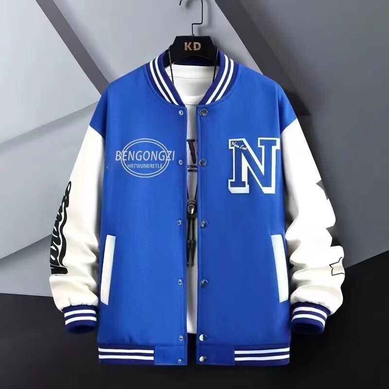 Herren Streetwear Baseballjacke – Übergroßer Unisex College-Mantel mit Print und geripptem Saum (S-3XL, Schwarz/Blau/Grün/Weiß)_voghion.com