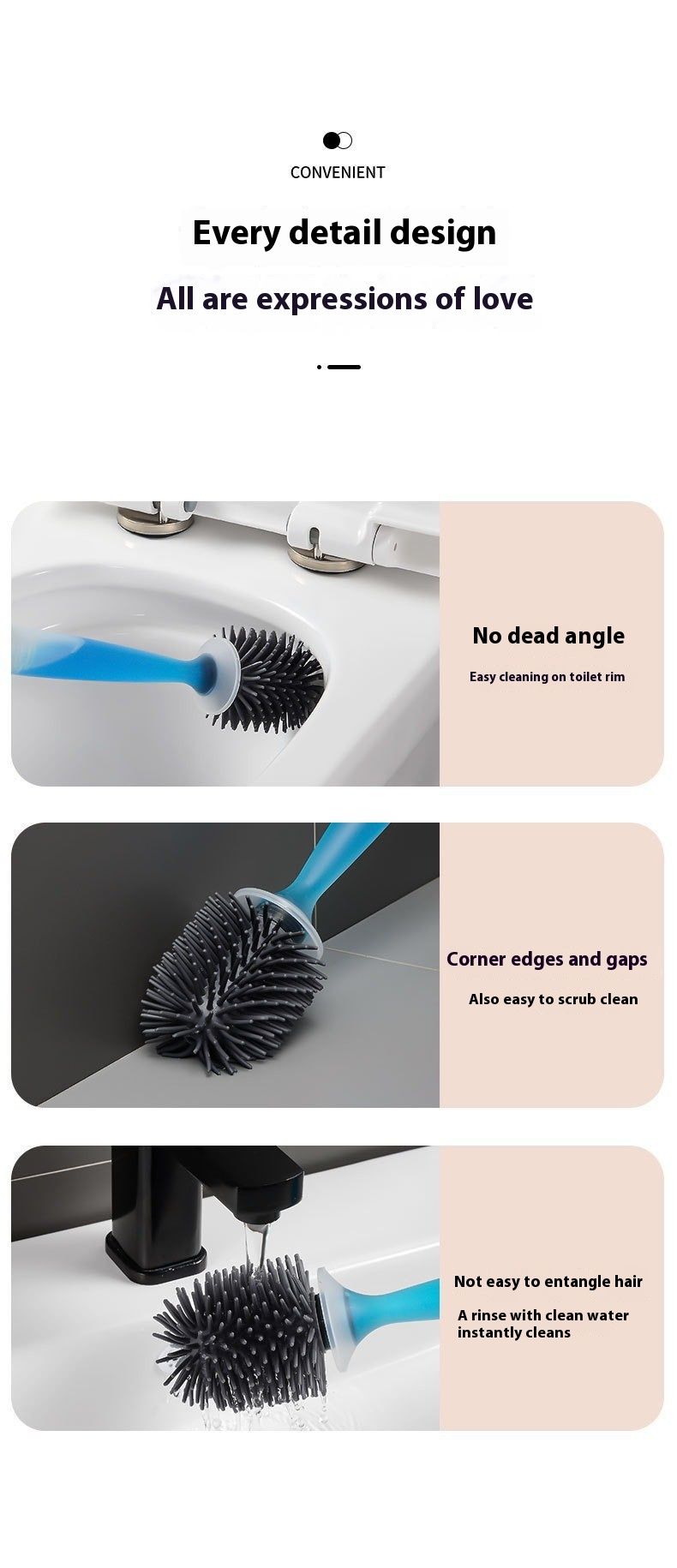 Brosse WC en silicone avec jet d'eau – Nettoyage en profondeur à 360°, poils flexibles, design anti-rayures (amovible, rangement facile)_voghion.com