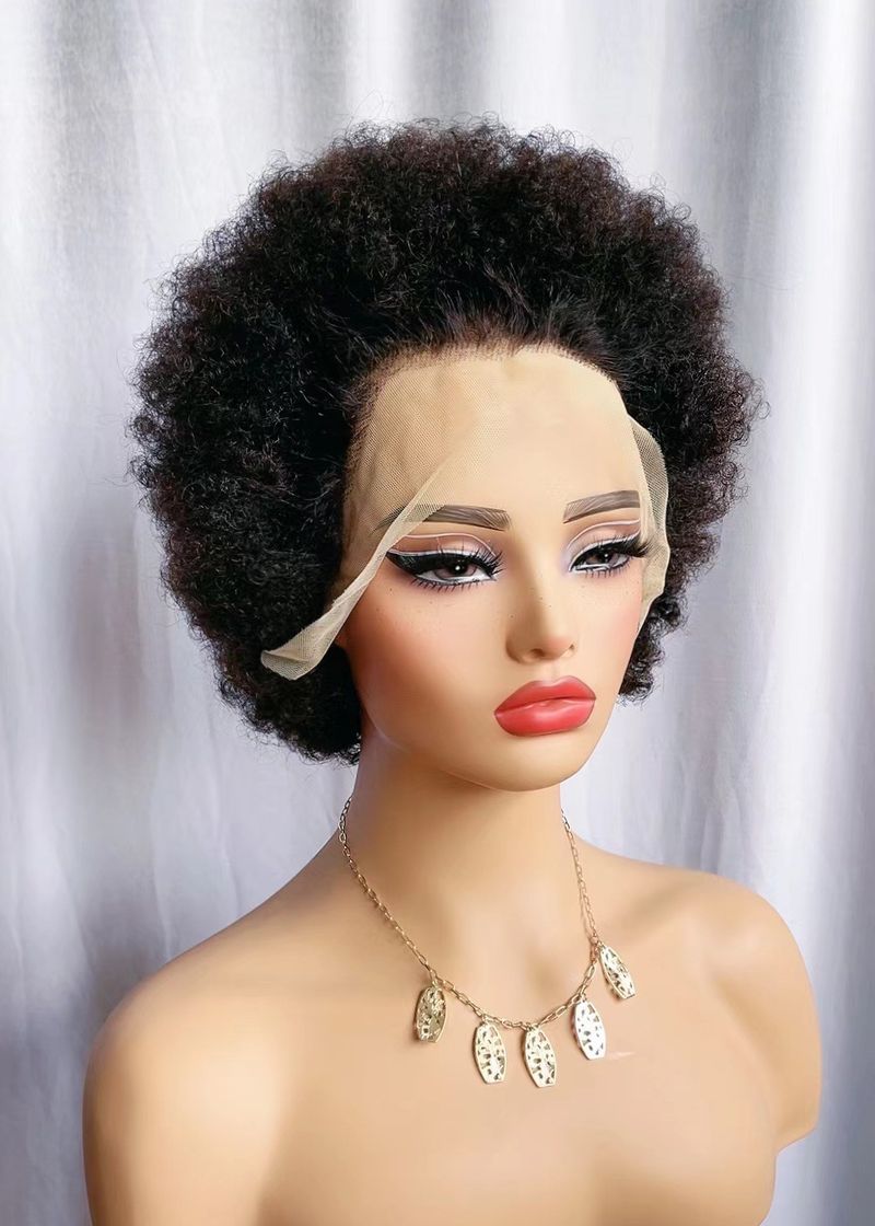 Afro-Perücke mit strukturierter Spitze vorne – 100 % Echthaar, kurz und flauschig gelockt, atmungsaktive Kappe für natürliche schwarze Frisuren_voghion.com
