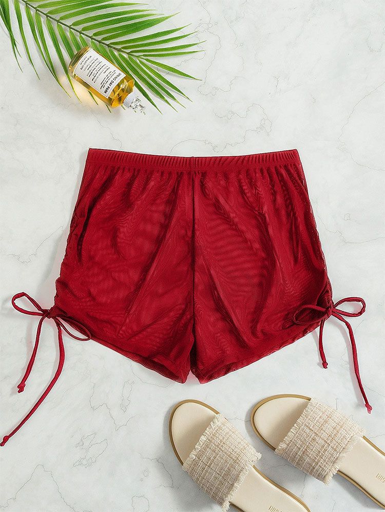New European And American Sexy Solid Color Swimsuit Women's Four Corner Transparent Mesh Drawstring Beach Swimming Trunks Bikini Shorts_voghion.com