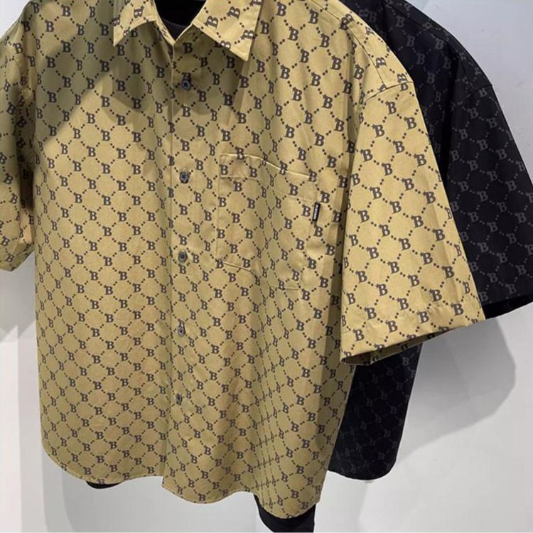 Men's Clothing Short Sleeved Shirt Trendy Plaid Letter Printing Workwear Jacket_voghion.com