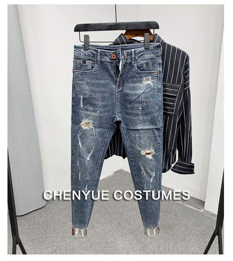 2023 Mode Herrenhose im koreanischen Stil, Jeans mit Katzenschnurrhaarlöchern, bunten Farbspritzern, schmale Hose_voghion.com