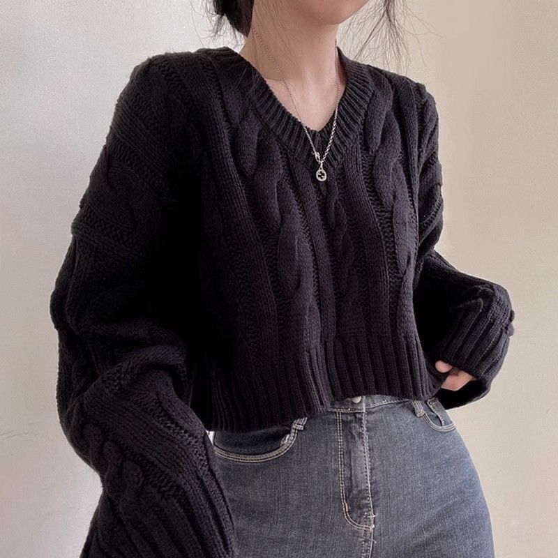 Fried Dough Twists dicker Nadelpullover mit V-Ausschnitt, kurze Damen 2024 Herbst und Winter, koreanischer Chic, fauler Langarmpullover_voghion.com