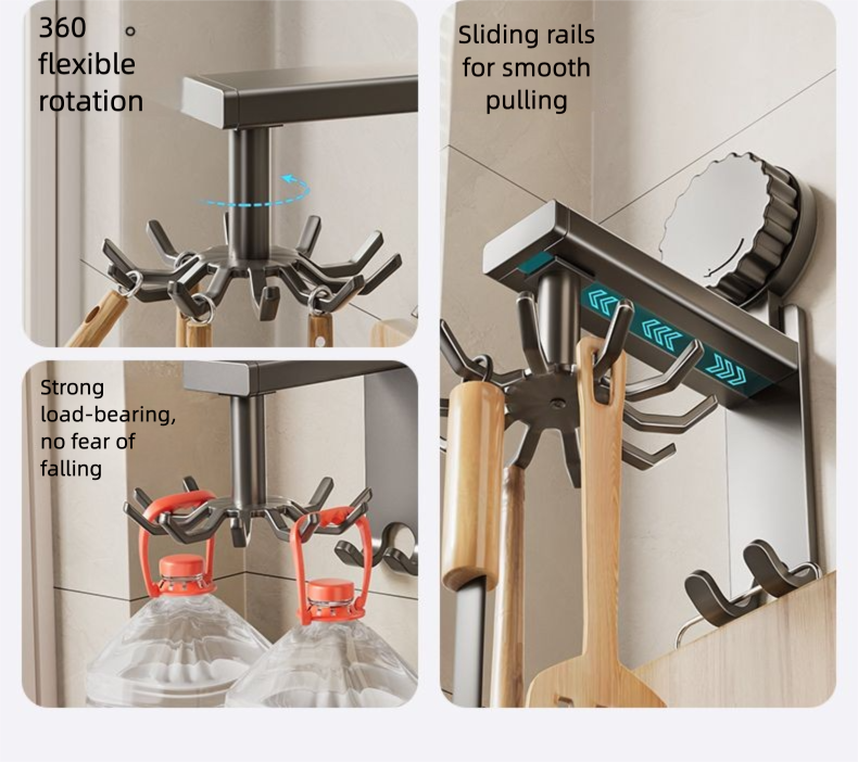 Mered Rotating Hook Suction Cup Storage For Spatulas And Spoons Wall-Mounted Hanging Rack Kitchen Utensil Organizer_voghion.com