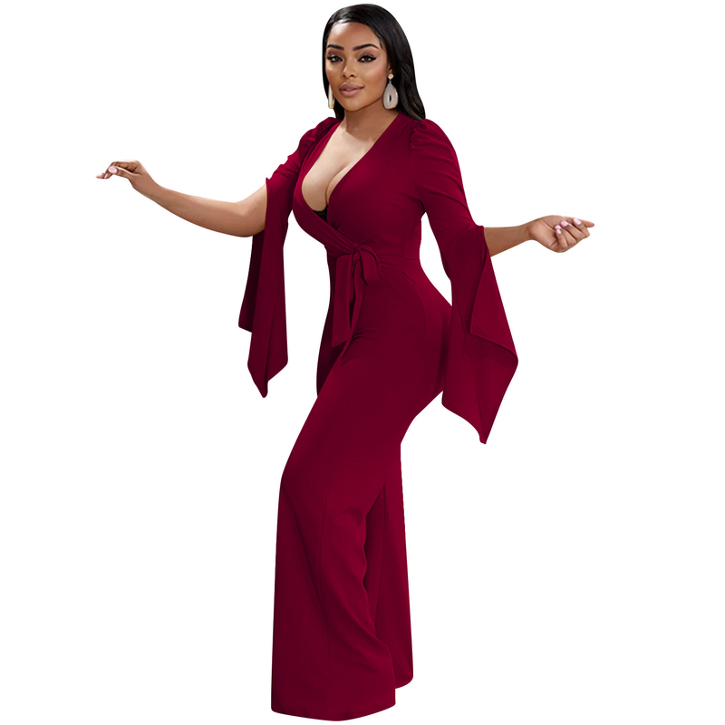 Dametøj nyt produkt ensfarvet sexet dyb V-rem plisseret brede ærmer lange bukser jumpsuit til kvinder_voghion.com