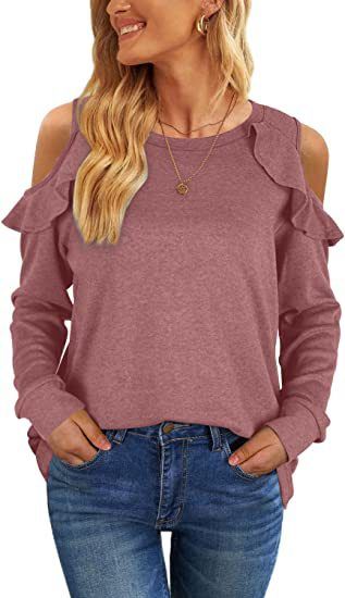 Top oversize da donna in maglia con spalle scoperte e orlo arricciato - Maglione casual in morbido misto cotone per autunno inverno_voghion.com