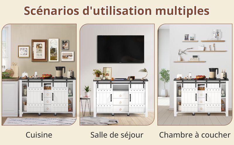 Buffetschrank Bianco 120cm Con Schiebetüren, 3 Schubladen, Rustikaler Holzstil_voghion.com