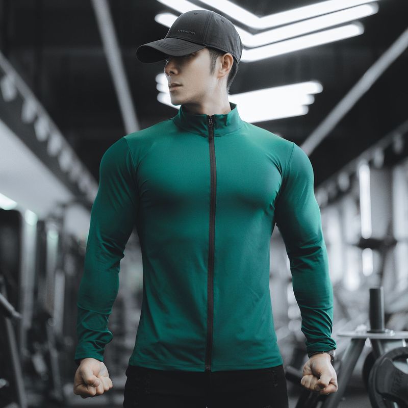 Camiseta de manga larga para hombre, ropa deportiva de primavera y otoño, para correr, fitness, ejercicio, elástica, de secado rápido, con cremallera y color liso_voghion.com