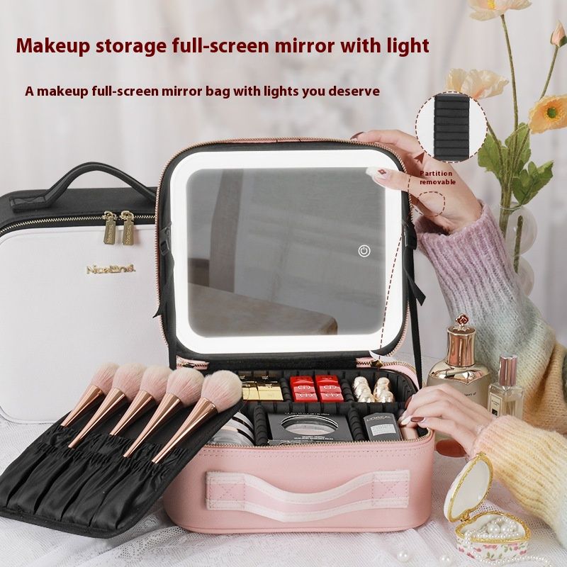 Große Kapazität Make-up-Tasche mit Licht, Spiegel, abnehmbare Trennwand, Kosmetik-Aufbewahrungstasche, handhd und tragbar für_voghion.com