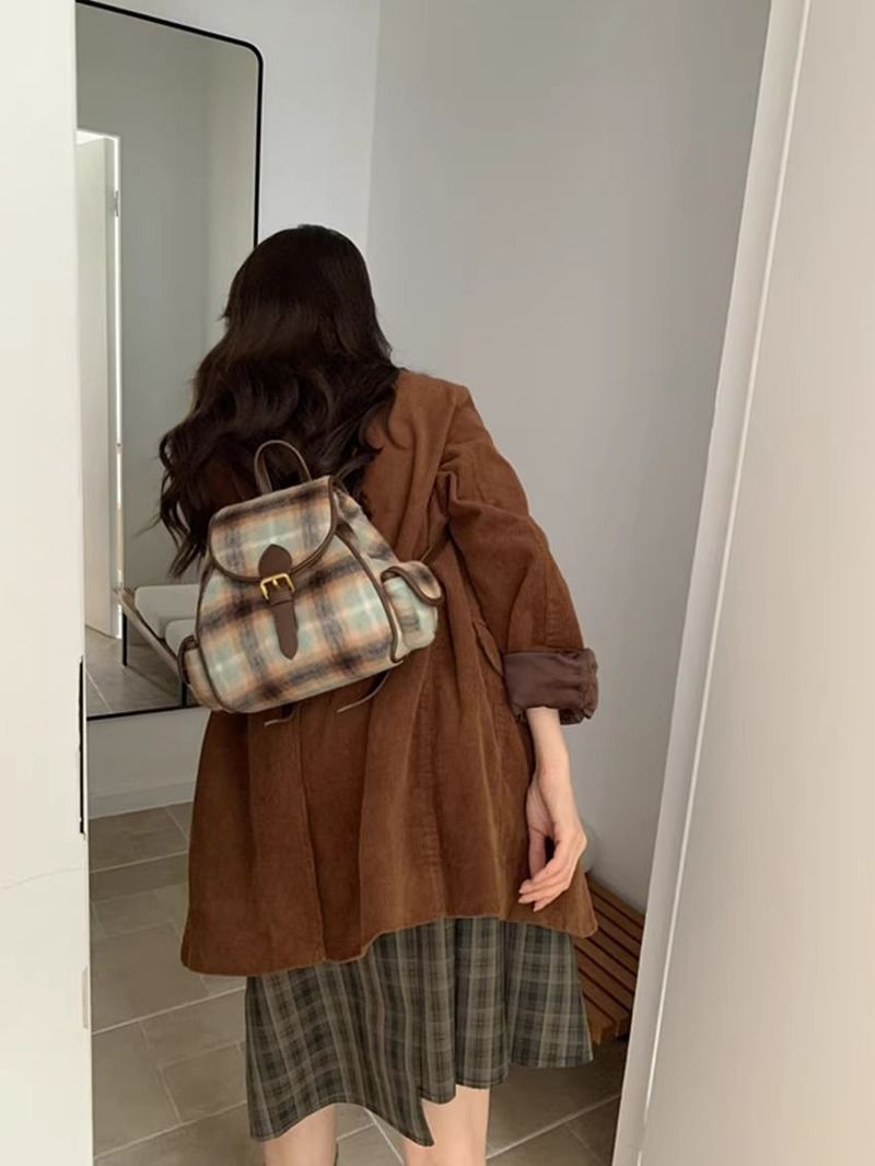 Vintage Woolen Velvet Whi Checkered Autumn Winr College Style Student Backpack For Women Commuting Simple British_voghion.com