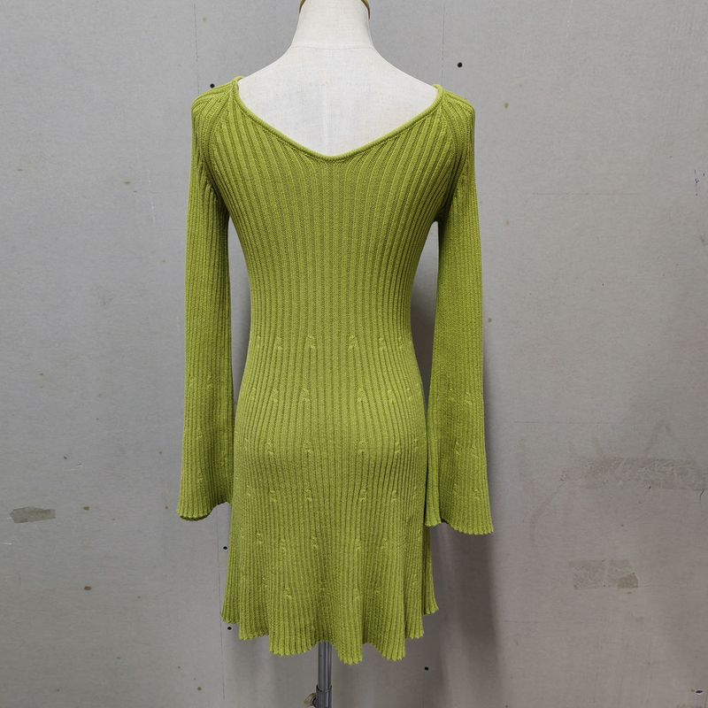 Elegante abito in maglia a trapezio con scollo a V per donna - Morbido misto cotone, abito casual corto senza maniche, versatile outfit primaverile e autunnale_voghion.com