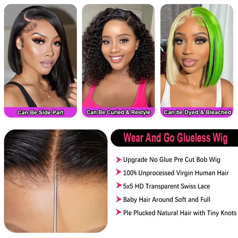 Kort Bob Paryk Ægte Hår uden Lim med HD Blonde Closure til Kvinder_voghion.com