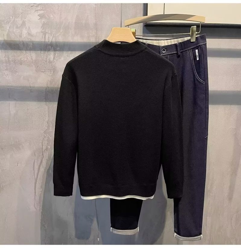 Ensemble deux pièces en tricot pour homme – Pull décontracté brodé et chemise à manches longues (noir/blanc, tailles M à XXXL)_voghion.com