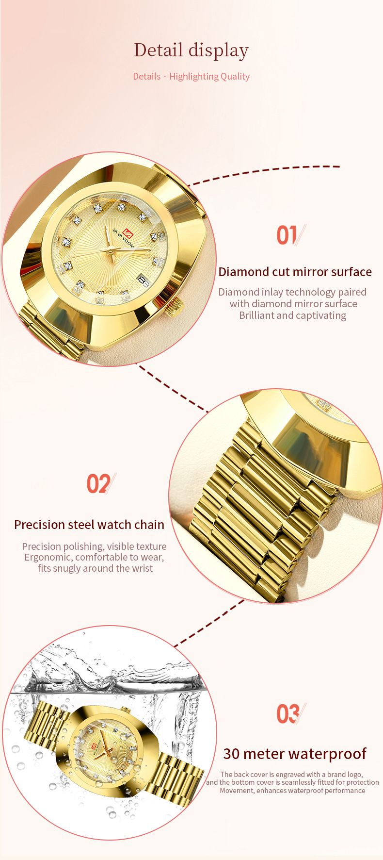 Va Va Voom Ceasuri pentru iubitori Ceas din oțel impermeabil cu diamant auriu Ceas cu cuarț pentru cupluri_voghion.com