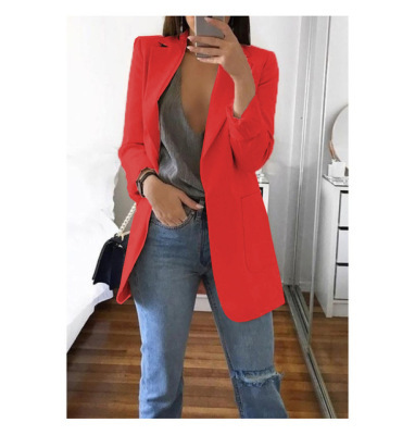 Vår og høst dameklær langermet ensfarget lomme cardigan liten blazer_voghion.com
