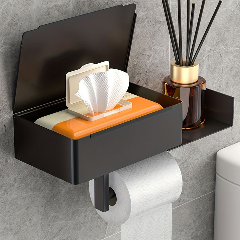 Wandmontierter Toilettenpapierhalter aus Edelstahl mit Wischtuchspender und Ablage, modernes schwarzes Badezimmer-Tissue-Aufbewahrungsregal mit Behälter für spülbare Wischtücher_voghion.com