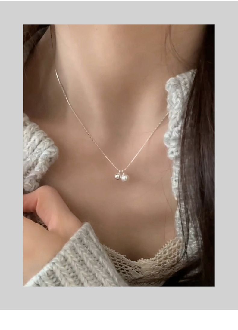 Sterling Sëlwer kleng Sëlwerkugel natierlech Séisswaasserperl Halskette weiblech Nisch High-End Duebelperl kleng Glühbir Schléissebeenkette_voghion.com