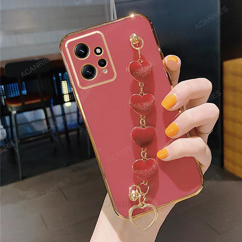 Note12 Love Heart Wrist Chain Silicone Case On For Xiaomi Redmi Note 12 Pro 4g 5g 12s 11 10s 9s Plating Cover Redmi12_voghion.com