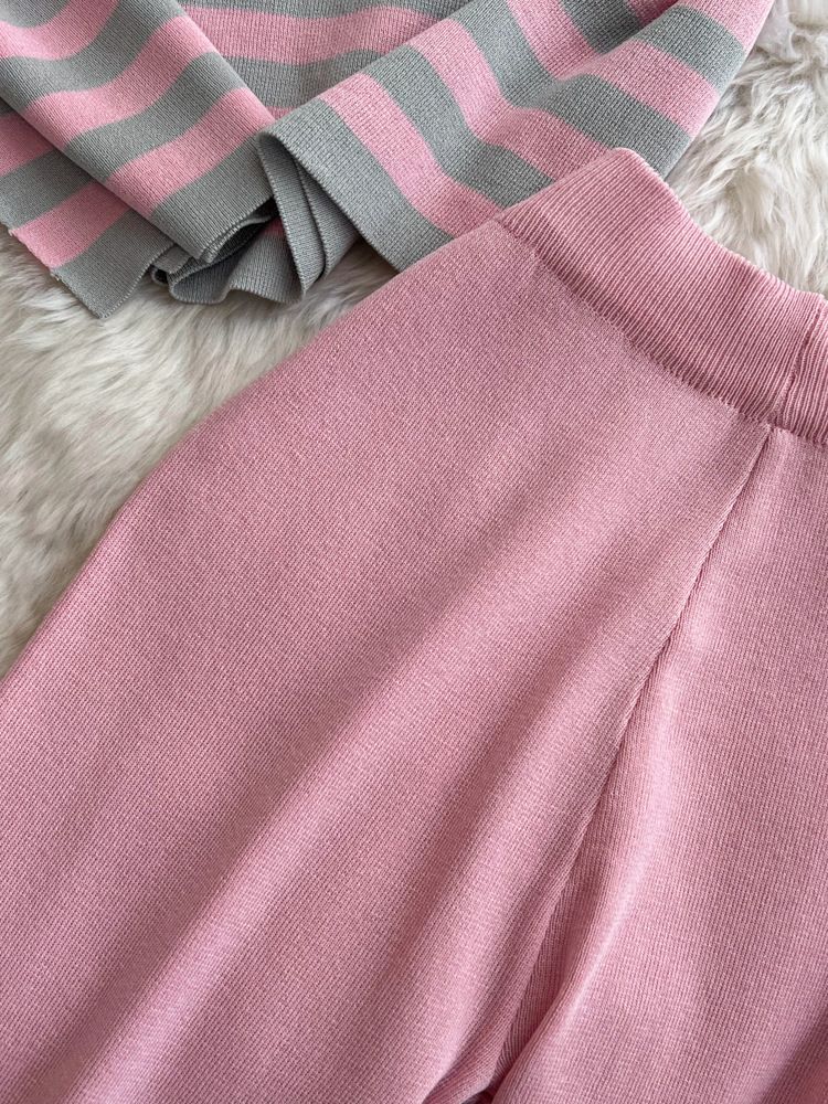 2024 Nuevo traje de moda para mujer primavera estilo coreano cuello en V suelto contraste de color tejido de dos piezas cintura alta pantalones de pierna ancha_voghion.com
