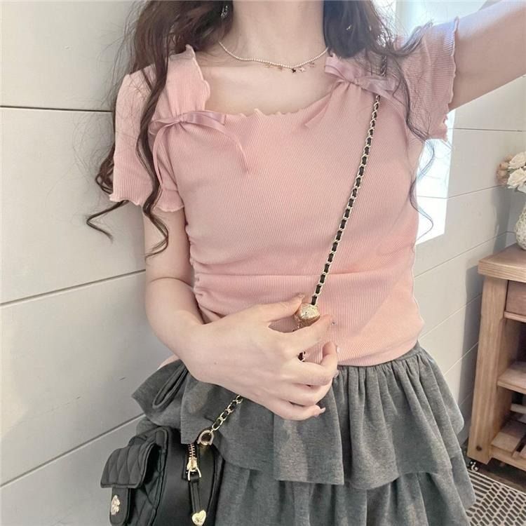 Maglietta estiva da donna con scollo quadrato e maniche a spalla, modello corto francese, vestibilità attillata, stile balletto rosa, dolce e piccante_voghion.com