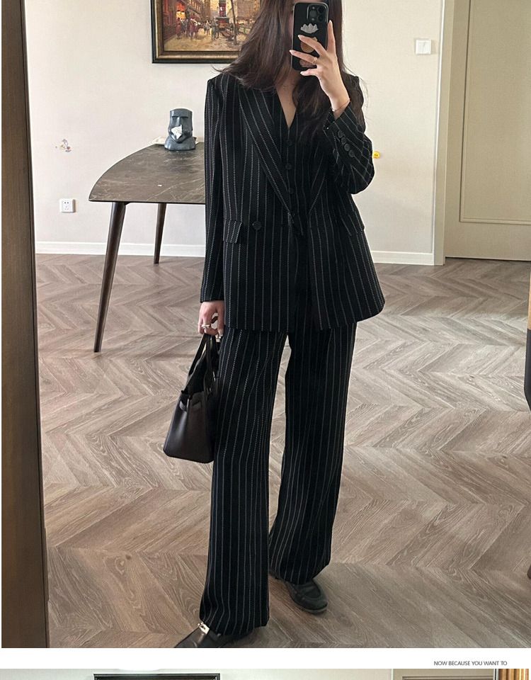 Early Autumn Old Money Style Loose Black Striped High Intelligence Suit Vest Wide-Leg Pants Three-Piece Set For Women_voghion.com