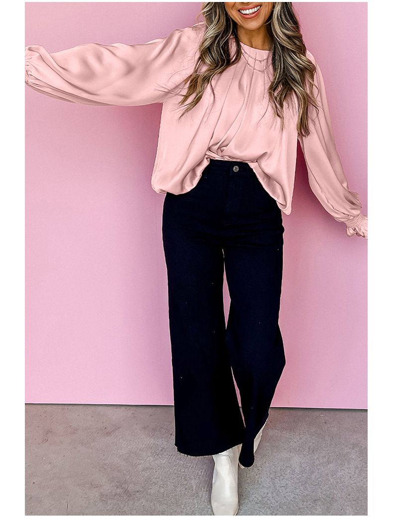 Shiying Top de cetim simples e versátil com manga de folha de lótus, nova coleção de outono, com capuz, gola redonda, cor sólida, chiffon_voghion.com