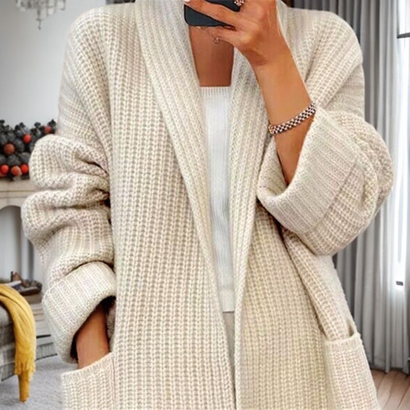 Abbigliamento da donna autunno 2024 nuovo cardigan con scollo a V tinta unita, maglione ampio con tasche, cappotto_voghion.com