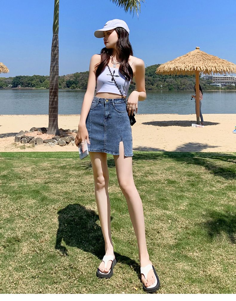 Split Summer Instagram Spicy Girl Denim Elastic Wrap Hip Half Women's Anti glare A-line Pants Skirt_voghion.com