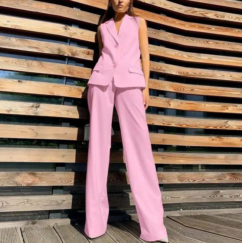 Kadın Giyim Moda Takım Elbise Yaka Yelek Yelek Geniş Paça Pantolon Günlük Takım Elbise_voghion.com