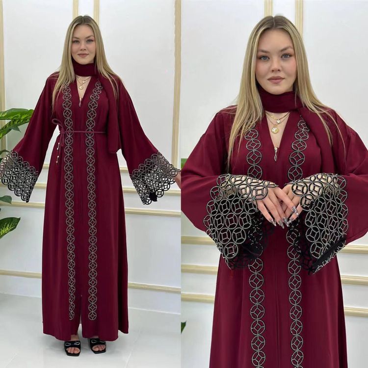 Abito musulmano Abaya arabo Kaftan taglie forti da donna con maniche lunghe svasate 8840_voghion.com