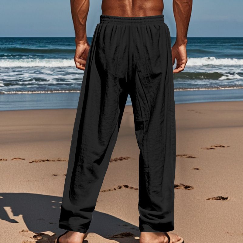 Pantaloni da spiaggia primaverili e autunnali da uomo, in cotone e lino, tinta unita, larghi, con coulisse e bottoni, casual, da uomo_voghion.com