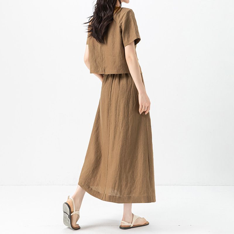 Xinge Linen Old Money Relaxation Set Women's Summer Casual Loose Short Sleeve Jacket Show Thin Skirt_voghion.com