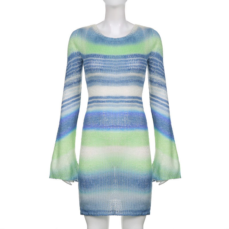 Rochie sexy cu dungi și mânecă tip trompetă, fără spate, pentru femei, toamnă_voghion.com