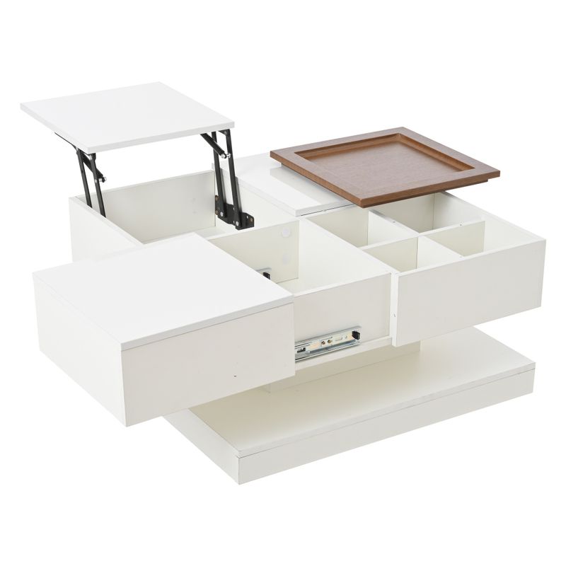 75.5*75.5*38 cm Couchtisch Anhebbarer Multifunktionstisch, Sofatisch Mit 4 Fächern, Beistelltisch, Geometrischer Tisch, Weiß + Holzfarbe_voghion.com