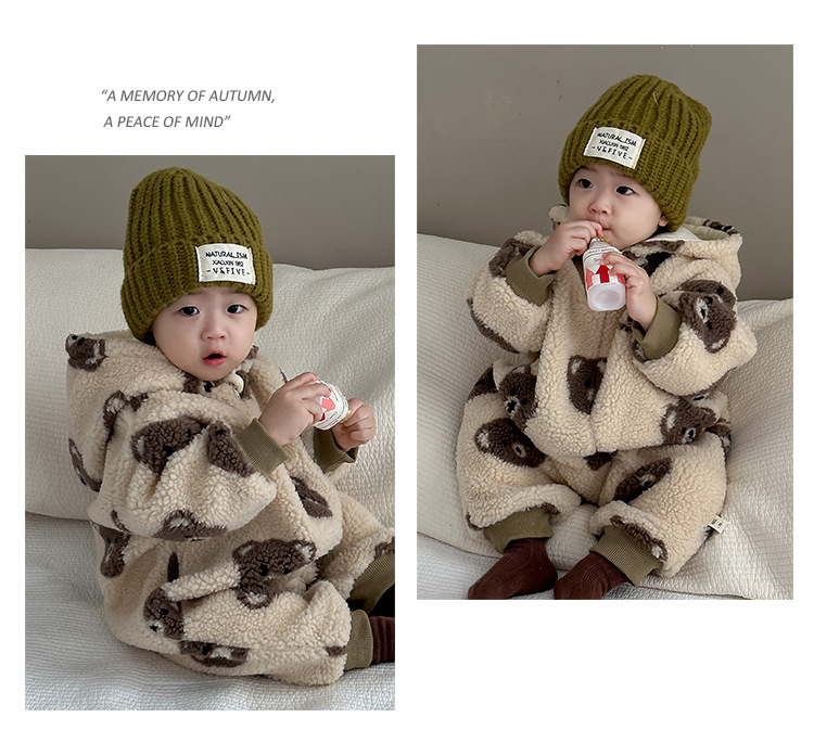 Babykleding Herfst- en winterkleding babybeerkop bedrukt pluche kruippakje_voghion.com