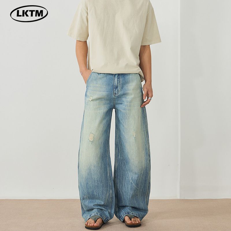 LKTM Men's Wear # New Washed Lightning Pattern Broken Hole Jeans For Men And Women Trendy Baggy Wide Leg Curved Knife C8f_voghion.com