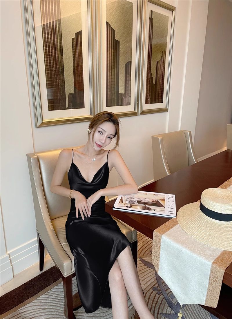Summer New High-end Acetic Acid Swing Collar Camisole Dress With French Satin Glossy Drape Design_voghion.com