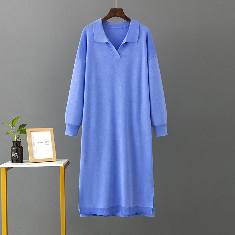 Women's Clothing autumn and winter new Polo collar bottoming knitted dress loose large size solid color ladies dress_voghion.com