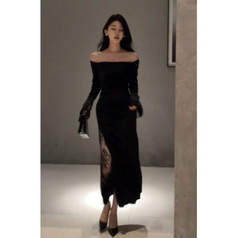 Schwarzes Abendkleid im Hepburn-Stil, High-End, leicht, neue Nische, Toast, Prominente, schulterfreies Samtkleid_voghion.com