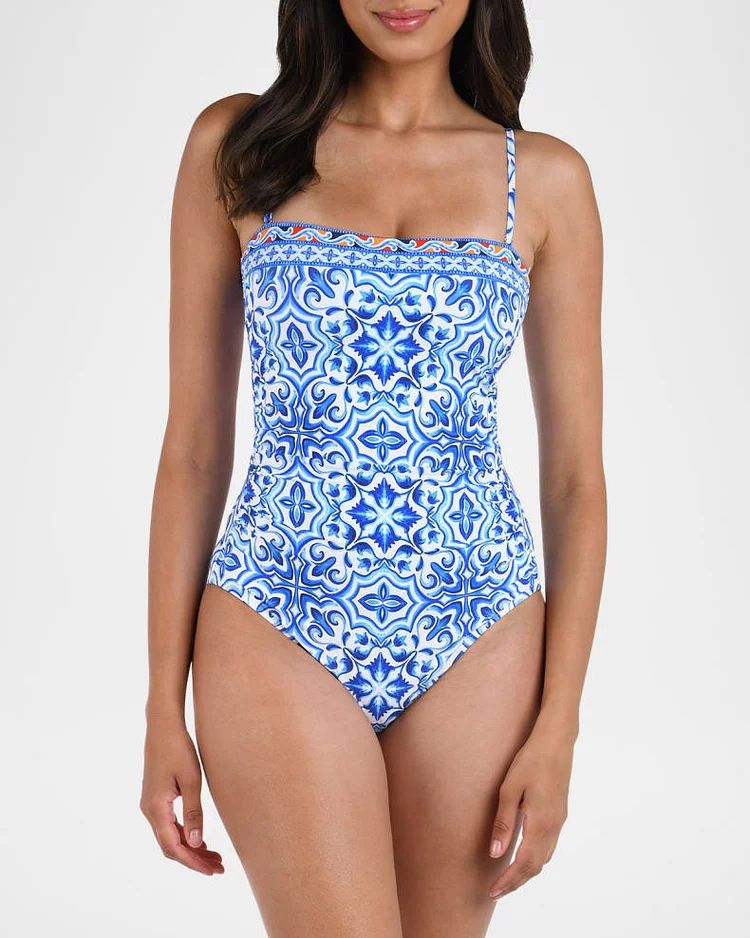 Maillot de bain une pièce bleu imprimé pour femme - Style national_voghion.com