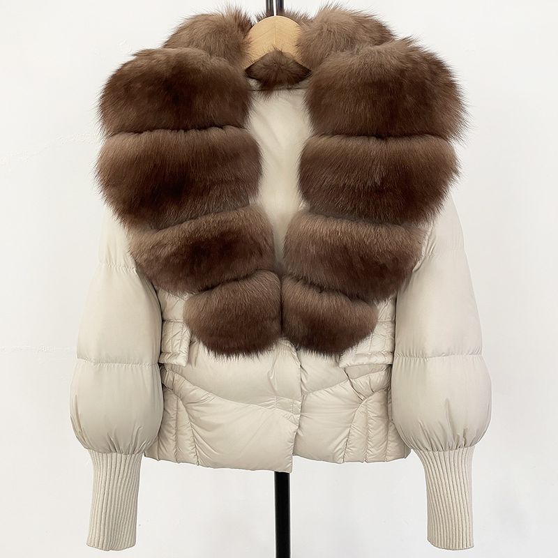 Women's Winter Fox Fur Collar Short Puffer Jacket, 90% White Duck Down, Detachable Hood, Petite-Friendly Cropped Coat_voghion.com