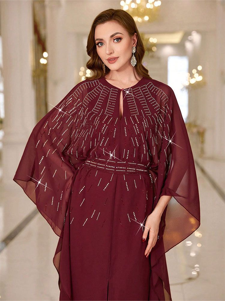 Elegante abito da sera in chiffon con strass da donna – Abito da festa a trapezio con maniche lunghe (bordeaux, S/M/L) Abito vintage con cintura a vita alta_voghion.com