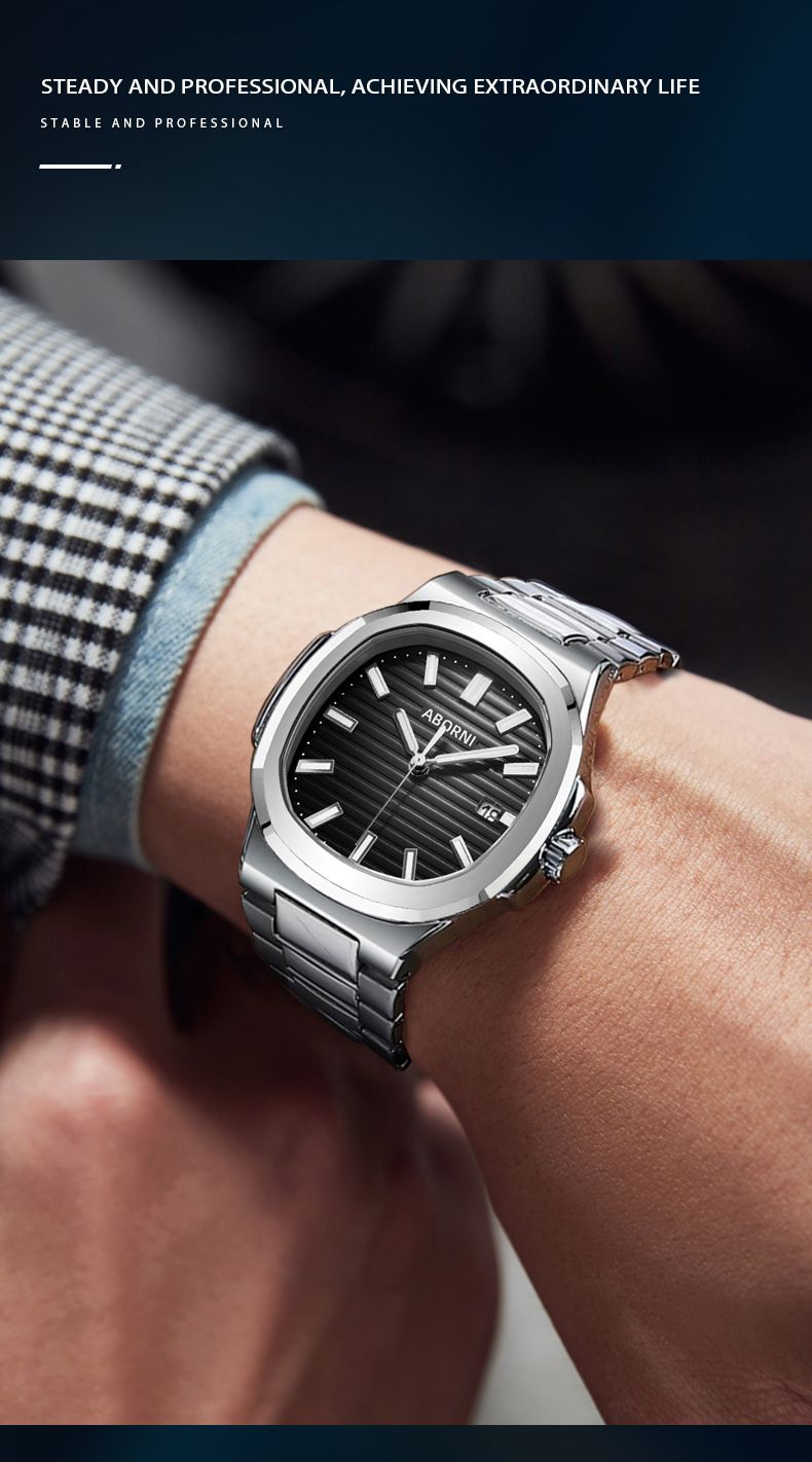 Slank herenhorloge met datumweergave, lichtgevende wijzers, 30 meter waterbestendigheid, roestvrijstalen band, quartz-uurwerk. Waterdicht quartz herenhorloge._voghion.com